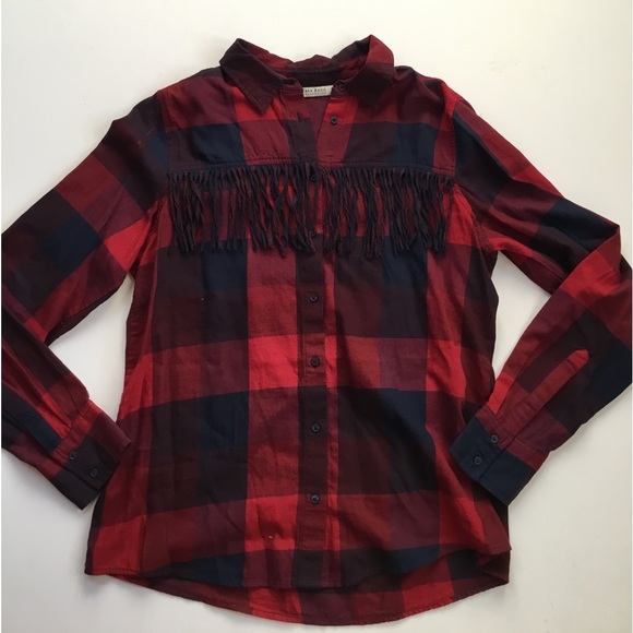 Zara Basic Blue & Red Plaid Fringe Button Top Shirt - Picture 2 of 6